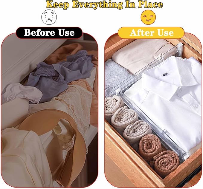 8 Pack Drawer Dividers for Clothes, 3.15" High 11.34"-19.69" Adjustable Expandable Dresser Drawer Organizer, Clear Plastic Separators for Dresser, Baby Clothing, Underwea