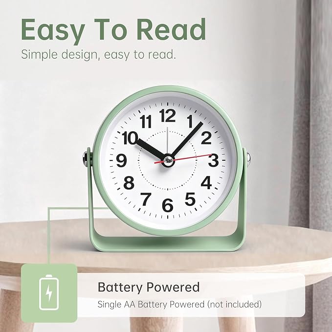 3.5" Analog Alarm Clock, Small Retro Desk Clock 360° Adjustable Angle | Silent Table Metal Clock with Night Light Snooze for Living Room Decor,Bedroom,Bedside,Shelf, Snooze Clock for Adults