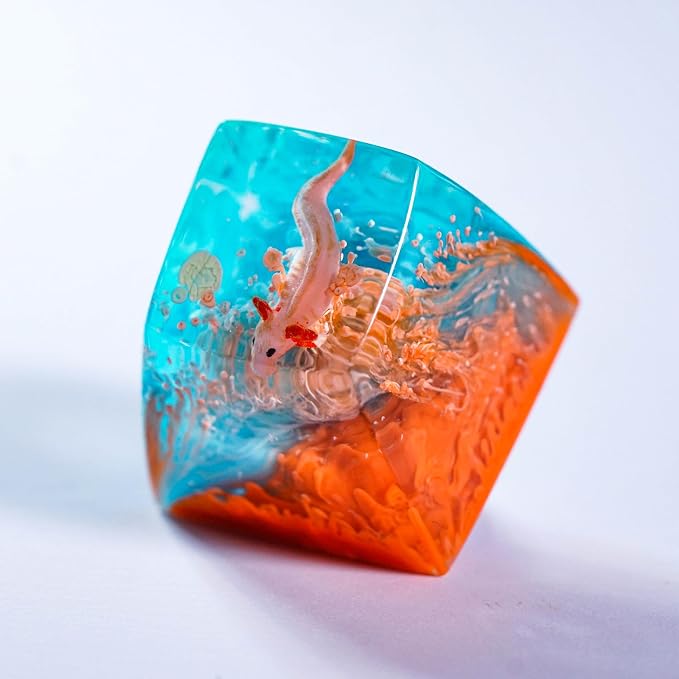 Pink Axolotl Artisan Keycap Orange Blue Ocean - 1U ESC, R1 SA Profile Custom Handmade Resin Cherry MX Switch Key Cap Mechanical Keyboard, Cool Tech Gifts for Men, Dad, Father, Gamer, Axolotl Lover