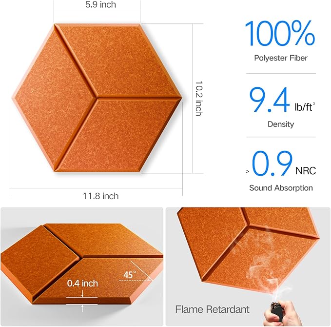 16 Pack Self-Adhesive Acoustic Panels 12" X 10" X 0.4" - Sound Proof Foam Panels for Wall with High Density, Y-Lined Design, Flame Resistant, Absorb Noise and Eliminate Echoes(Tangerine)