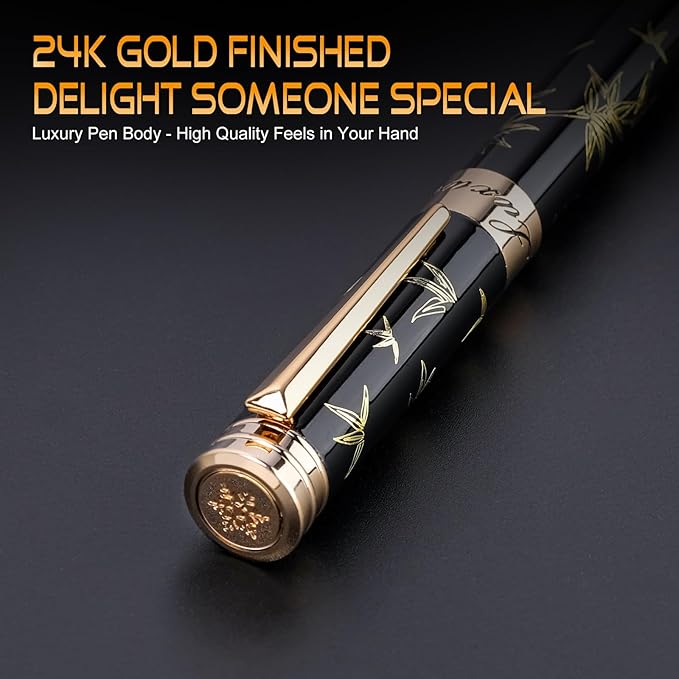 Black Rollerball Pens-Luxury Pens for Women Men, 24K Gold Trim Elegant Pen, Executive Gift Pen Set for Office Graduation Business Nice Roller Ball Pens
