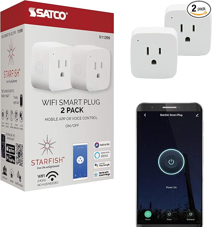 Satco S11269 Starfish 2-Inch Mini-Square On/Off WiFi Smart Plug Outlet, Works with Siri, Alexa, Google Assistant, SmartThings, White, 2 Pack