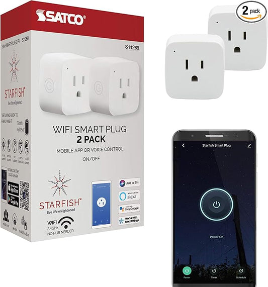 Satco S11269 Starfish 2-Inch Mini-Square On/Off WiFi Smart Plug Outlet, Works with Siri, Alexa, Google Assistant, SmartThings, White, 2 Pack