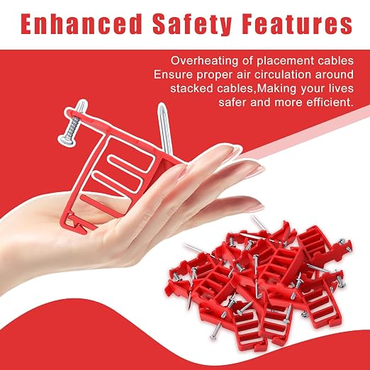 100 Pack Multi-Cable Staples with Steel Nails, Red Cable Stackers | Electrical Wire Stacker Clips for Organizing Multiple NM Cables Coaxial and Data Line on Wood Framing for Neat Secure Routing