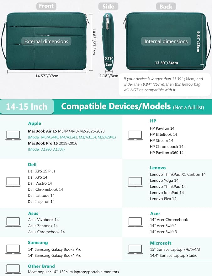 HYZUO 14-15 Inch Laptop Sleeve Bag for MacBook Air 15 M5 A3448 M4 M3 M2 2026-2023, MacBook Pro 15, 15" Surface Laptop, XPS 14/15 Plus, NoteBook Case for 14" HP Dell Lenovo Asus Acer, Dark Green