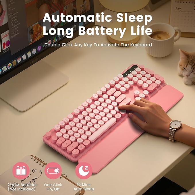 Wireless Keyboard, Round Keycaps, Retro Typewriter Keyboard with Detachable Wrist Rest, Sleep Mode, Foldable Legs, 2.4GHz Full-Size Cordless Computer Keyboard for Windows/PC/Laptop (Pale Pink Colors)