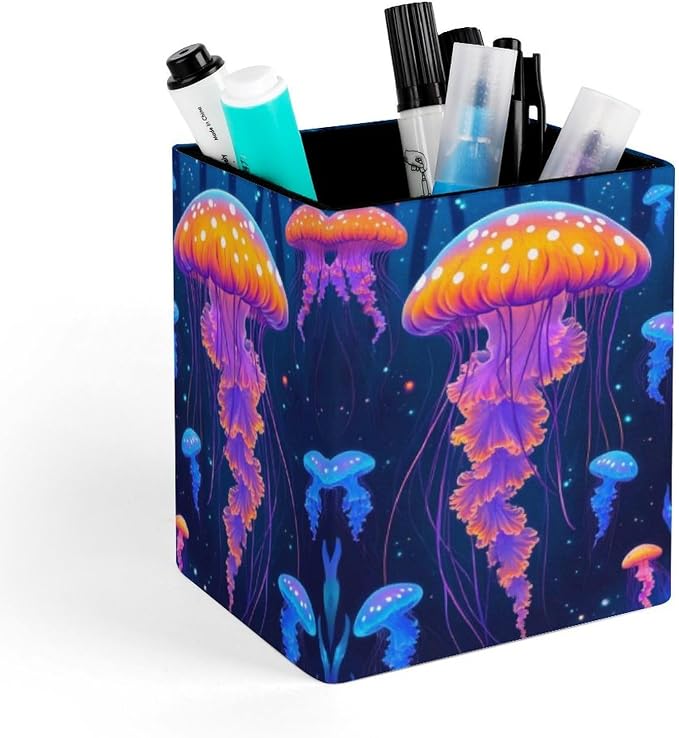 Jellyfish Print Leather Square Pen Holder Modern Desk Decor Home Organizer For Make Up Brushes Supplies Office Stationery Storage
