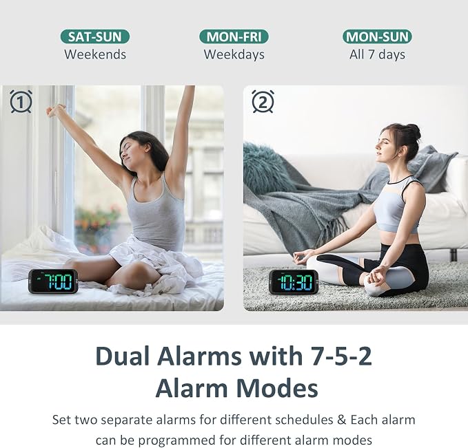 Odokee Digital Dual Alarm Clock for Bedroom with 0-100% Dimmable Display | RGB Electric Alarm Clock for Kids with Weekday/Weekend Mode - Loud Alarm for Heavy Sleepers with 5 Sounds Adjustable Volume