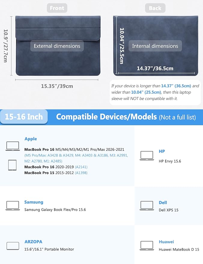 HYZUO 15-16 Inch Laptop Case Bag Sleeve with Stand Feature for MacBook Pro 16 M5/M4/M3/M2/M1 Pro/Max 2026-2019, XPS 15, MacBook Pro 15 2015-2012, Samsung Galaxy Book Flex 15, Navy Blue
