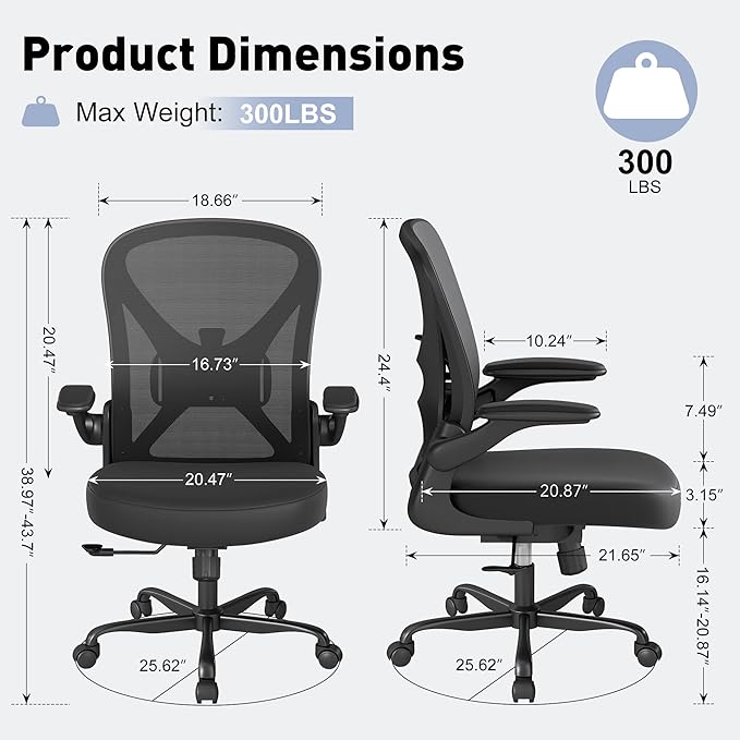 Ergonomic Office Chair with Adjustable Lumbar Support, 300 lbs Swivel Desk Chair with Flip-Up Arms, Mesh Comfy Padded Seat for Computer and Home, Black