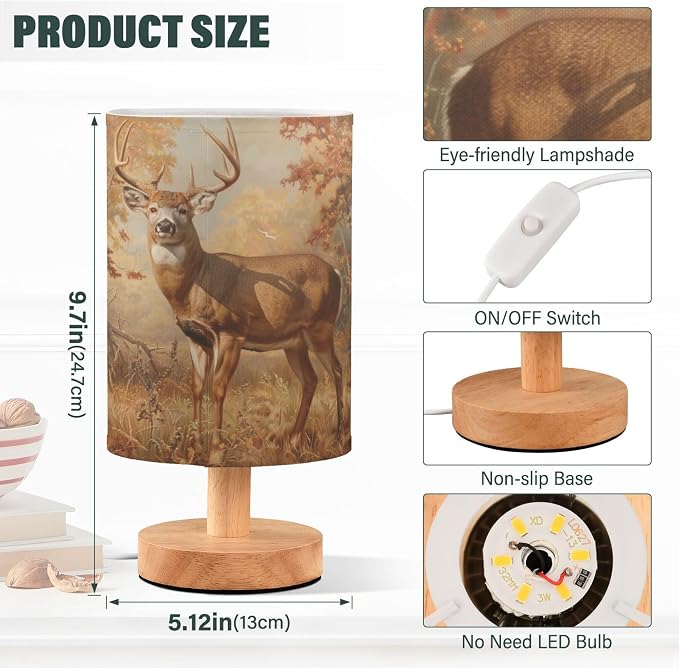 Table Lamp Deer Autumn Forest Nightstand Lamp with Wood Base Fabric Lamp Shade Bedside Desk Lamp for Living Room Bedroom Kids Room Office