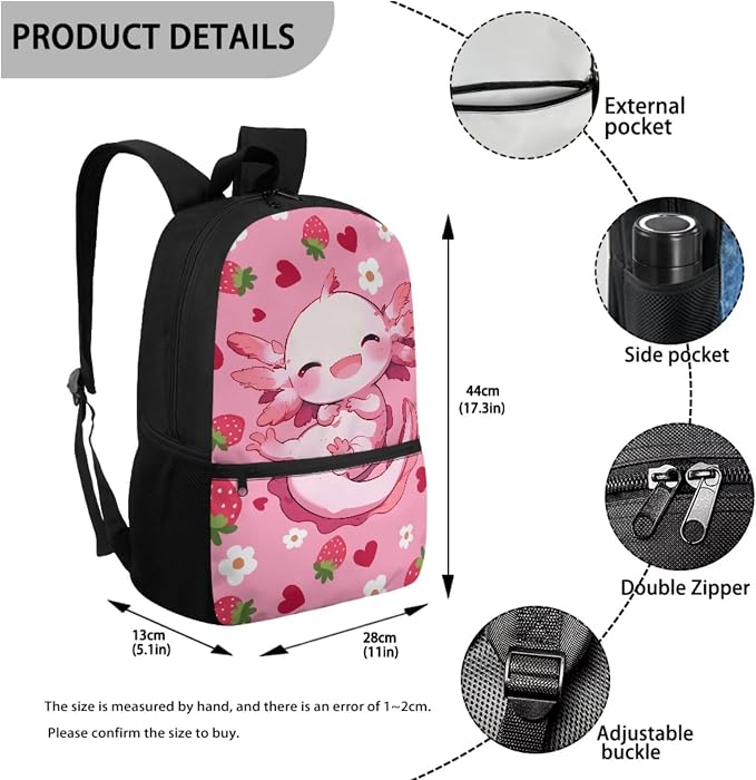 WELLFLYHOM Axolotl Girls Elementary Backpack with Lunch Box Pencil Pouch Water Bottle Sleeve Strawberry 4 Pcs Kids School Book Bag Daypack Set for School Sport Travel