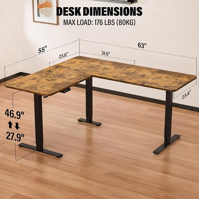 63 x 55 inch L-Shaped Standing Desk, Corner Computer Desk, Electric Standing Desk Adjustable Height, Sit to Stand Ergonomic Workstation for Home Office, Rustic Brown