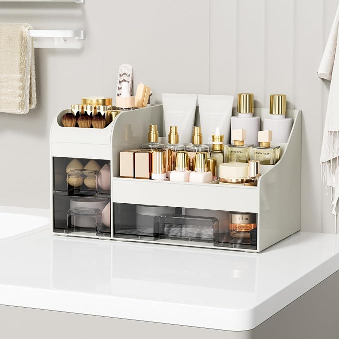 Makeup Organizer with Drawers,Large Cosmetic Storage Box,Countertop Skincare Organizer,ABS Makeup Brush Holder for Bathroom,Desk,Dresser,Multifunctional Beauty Display Case,White transparent