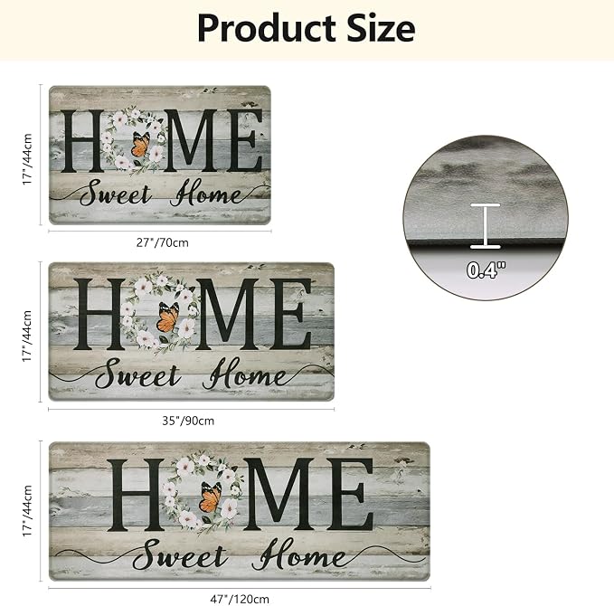 Yamaziot Anti Fatigue Kitchen Rug Set of 3, Non-Slip Cushioned Floor Mats | Waterproof, Stain Resistant, Farmhouse Cushioned Comfort Standing Desk Mat with Runner for Kitchen, Office, Sink, Laundry