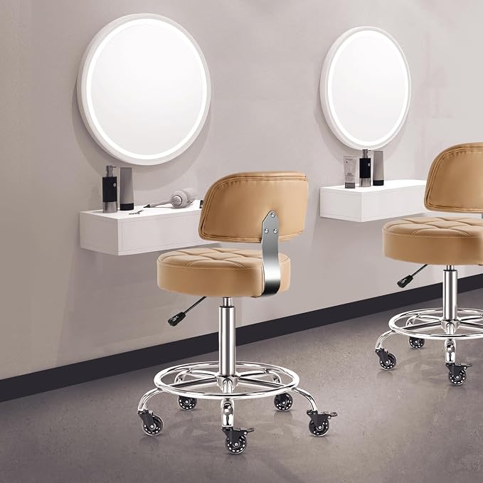 Lockable Stool with Back and Foot Rest Ergonomic Rolling Hydraulic Adjustable Stool for Doctor Esthetician Artist Home Small Office Desk (Camel, 19.5''-24.5'')