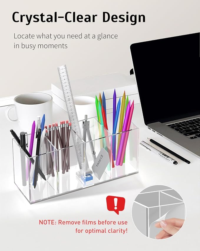 Uniclife Clear Acrylic Pen Holder for Desk, Plastic Pencil Holder Pen Organizer with 4 Compartments, Desktop Stationery Organizer for Office Home School, Vertical Makeup Brush Holder, 9" x 3" x 4"
