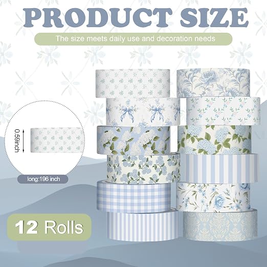 12 Rolls Watercolor Floral Washi Tape Set 15 mm Vintage Flower Decorative Masking Tape for Summer School Arts DIY Craft Scrapbook Journal Supplies Gifts(Dusty Blue,Rose and Hydrangea)