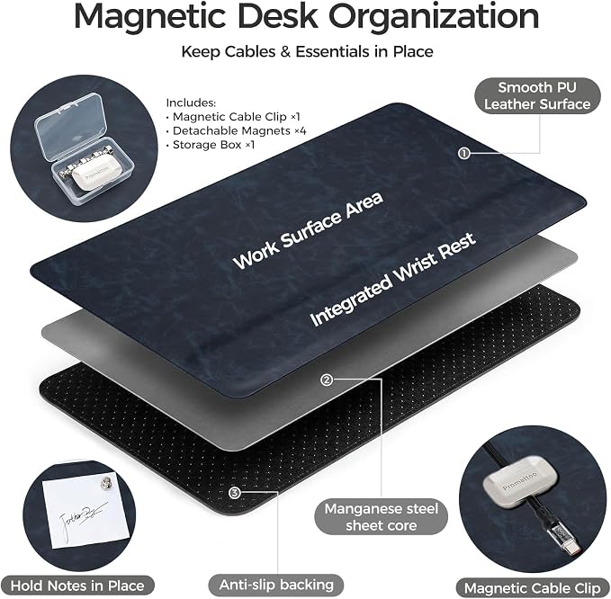 Magnetic Desk Mat System with Wrist Support 80×40cm, Premium Leather Desk Pad with Magnetic Accessories, Waterproof Non-Slip Desk Organizer for Office & Gaming