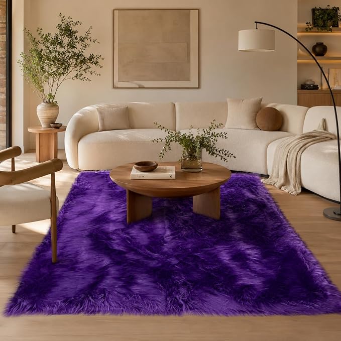 EasyJoy Faux Sheepskin Rug, Fluffy Faux Fur Rug, Ultra Soft Shag Area Rug with Non-Slip Backing for Bedroom, Living Room, Nursery, Kids Room(4 x 6 ft Rectangle, Dark Purple)