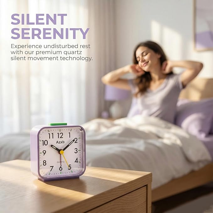 Analog Alarm Clock, Silent,Travel,Snooze, Loud Alarm, Luminous, Purple | Alarm Clock with Night Light, No Ticking Battery Operated Quiet Small Desk Clock for Bedrooms Deep Sleeper Adults Kids