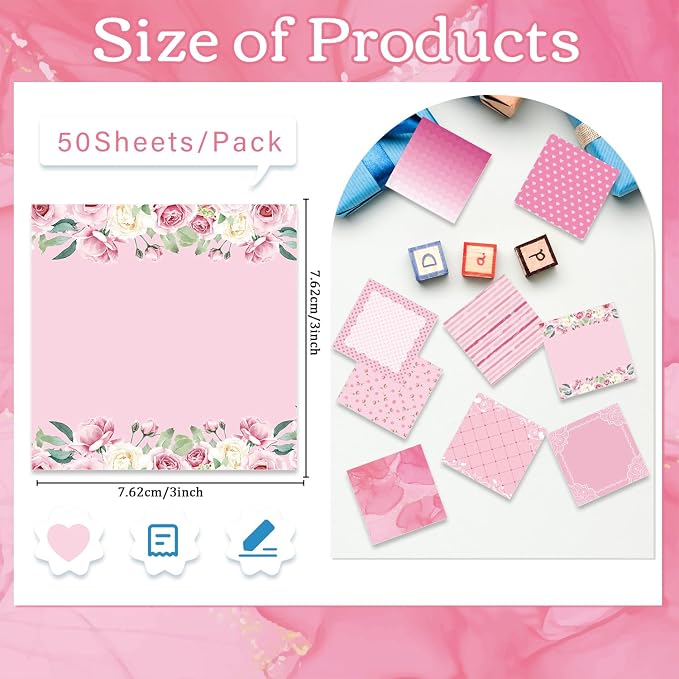 Aesthetic Sticky Notes Gifts, 9 Pack Pink Floral Aesthetic Notepads 3x3 Inch Gifts for Coworkers Students, Pink Memo Pads Office School Supplies for Men Women (450 Sheets)