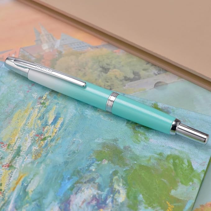 Jinhao 10 Press Fountain Pen with Box, Gradient Mint Green Retractable Medium Nib with Ink Converter Set (Silver Clip)