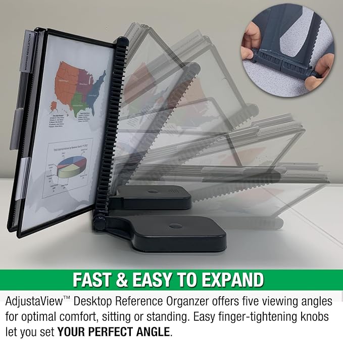 Ultimate Office AdjustaView 10-Pocket Desk Reference Organizer with Easy-Load Pockets and Compact Weighted Base for Stability, Black Pockets