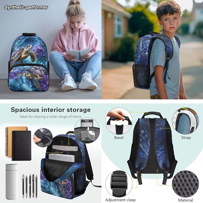 Sea Turtle Backpack Set for Boys Girls, 4PCS Blue School Backpack with Lunch Box & Pencil Case, 17 Inch Lightweight Elementary Bookbag for Kids Ages 6-10