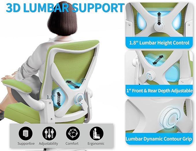 Office Chair Ergonomic Desk Chair Comfy: 330LBS Mesh Computer Chair Ergonomic Gaming Chairs with Wheels Adjustable Lumbar Support and Flip up Armrest-Swivel Executive Chairs Long Hours(Green)