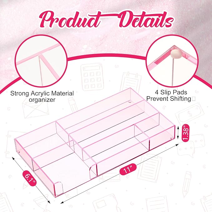 Briwooody Pink Acrylic Drawer Organizer,6 Compartments,Small | 11 x 6.1 x 1.38 Inch Desk Storage Tray Organizer for Pen, Stationery, Desktop, Office, Bathroom, Kitchen, Makeup Supplies