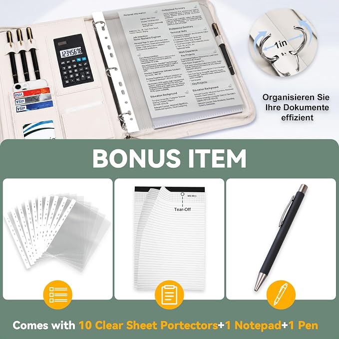 Leathario Portfolio Binder, Includes 5 Sheet Protectors and a Pen, 13 Inch Tablets Organizer, Vegan Leather A4 Padfolio, Multi-Pocket Notepad Business Planner Professional Document