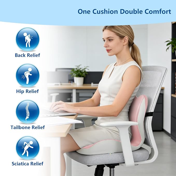 Ergonomic Memory Foam Seat Cushion with Strap for Office Chair, Pink Grey