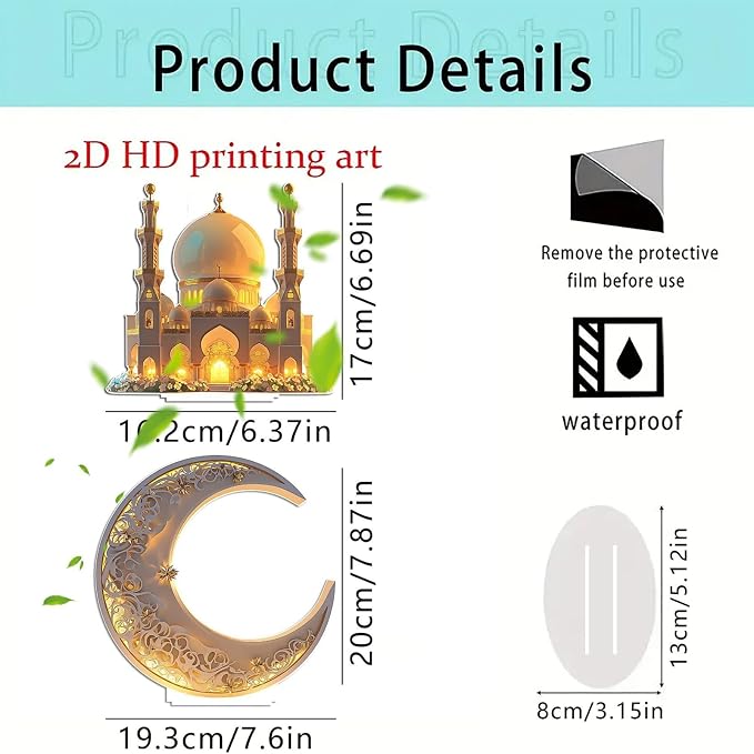 Ramadan Decorations for Home, Ramadan Gifts for Kids, Table Decor, 2D Spray Painted Acrylic Decorative Plaque Crescent and Palace (Desktop Decor-G)