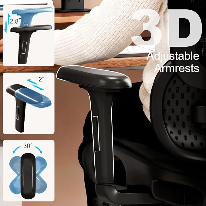 Vonesse Ergonomic Office Chair with Footrest, Desk Chairs with Adjustable 3D Headrest and Armrests, Computer Gaming Chair with Dynamic Lumbar Support & Adjustable Depth Breathable Mesh Seat (Black)