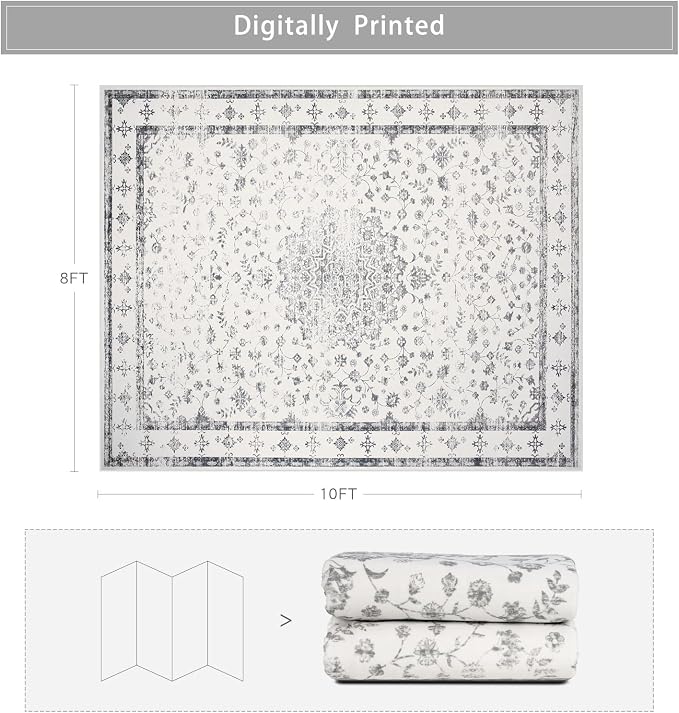 Srugn Washable Rugs 8x10 Area Rugs for Living Room,Rugs for Bedroom,Large Carpets,Ultra Soft Faux Wool Retro Dining Room Rug,Non Slip&Non-Shedding Low Pile Vintage Print Rug for Home Office-Grey