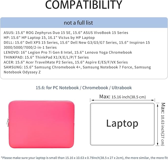 RAINYEAR 15.6 Inch Laptop Sleeve Protective Case Soft Carrying Zipper Bag Cover Compatible with 15.6" Notebook Computer Ultrabook Chromebook (Bright Pink)