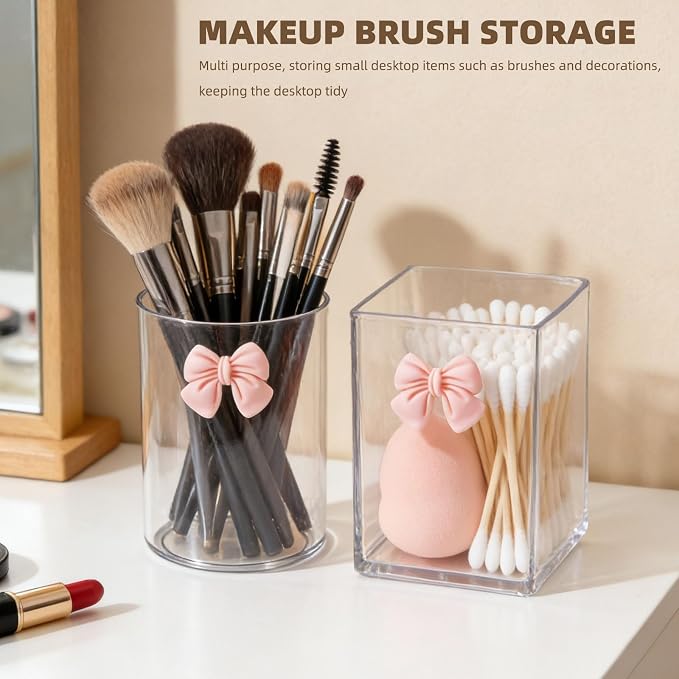 2 Pack Pen Pencil Holder for Desk, Acrylic Desk Organizer with Bow Clear Makeup Brush Holder Cup Desktop Stationery for Office School (Transparent)