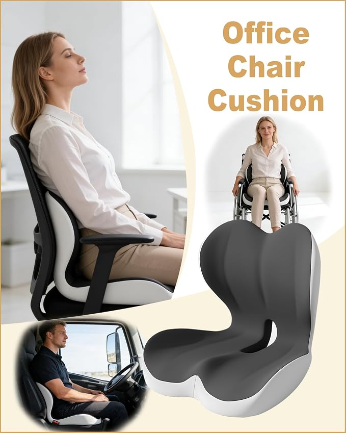 Office Chair Seat Cushion with Back Lumbar Support, Ergonomic Memory Foam | Integrated L-Shaped Backrest and Coccyx Cutout with Non-Slip Base for Car Seats, Wheelchairs and Long Sitting Comfort