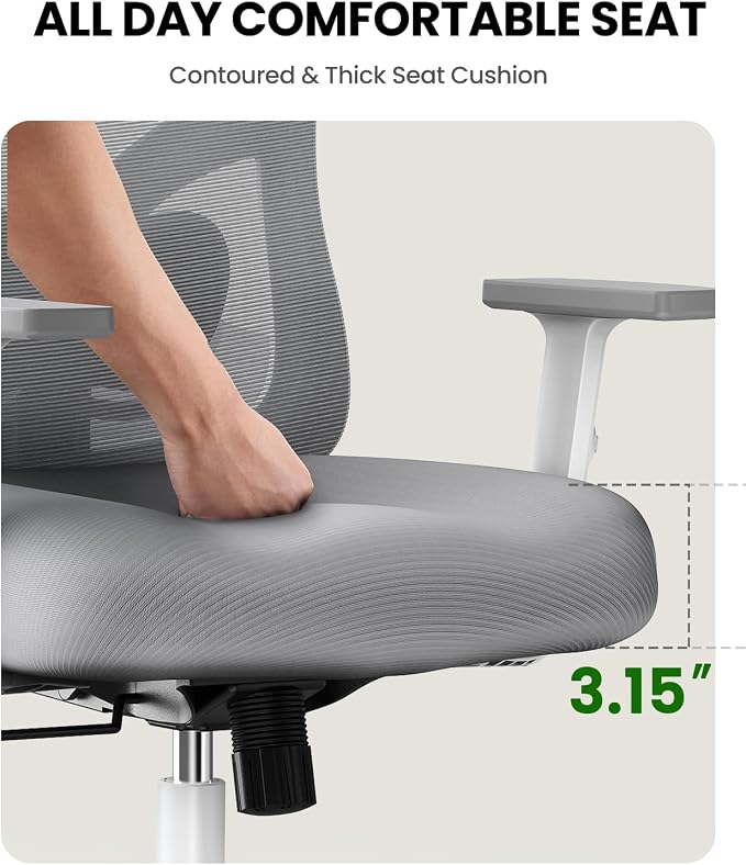 Marsail Ergonomic Office Chair Lumbar Support & Adjustable Armrests, Grey | 2D Headrest, Contoured Seat Cushion, Computer Desk Chair with Wheels for Home and Office