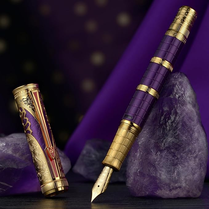 HONG DIAN D5 Qin Dynasty Fountain Pen Purple Gold, Extra Fine Nib Piston Filling Pen, Retro Chinese Totem Engraving Smooth Writing Pen with Pen Box Set