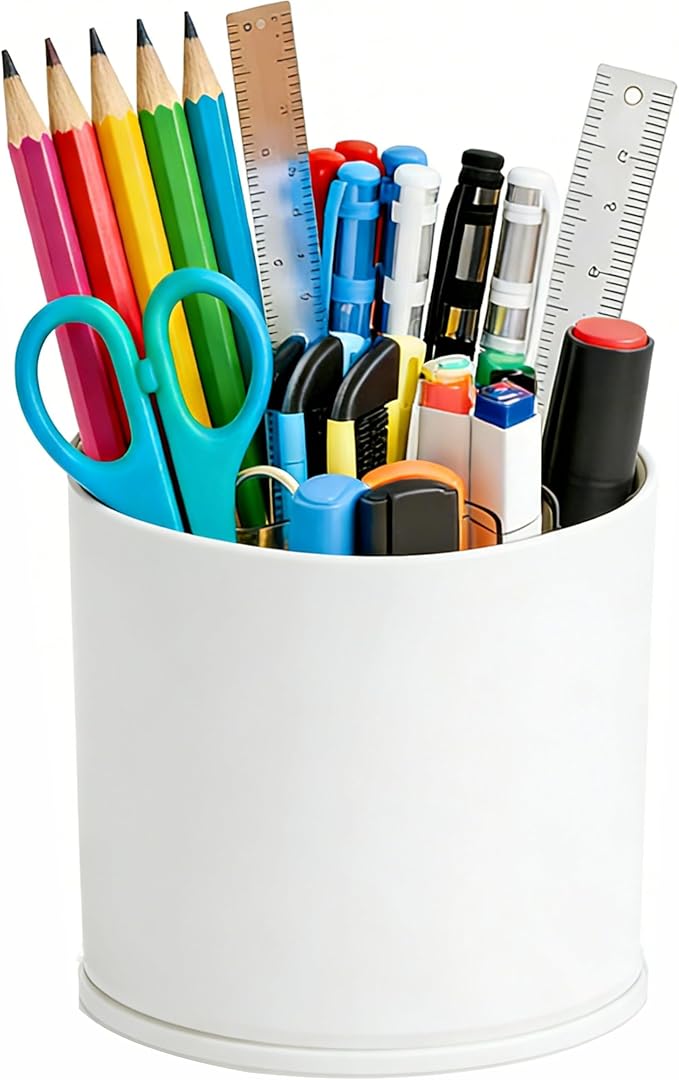360 Rotating Acrylic White Pen Holders and Pencil Cups for Desk,Small Cute Desk Organizers Accessories and Makeup Brush Holder,Spinning Pencil Caddy School Supplies Organizer for Teacher,1PCS