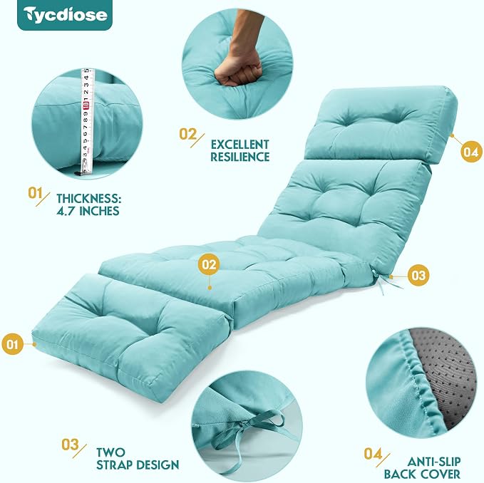 Outdoor Chaise Lounge Chair Cushion Waterproof 74.4 x 22 x 4.7 Inches Memory Foam Lounge Chair Cushions Replacement for Outdoor Furniture with Ties, Thickened Pool Lounge Chair Cushion, Teal