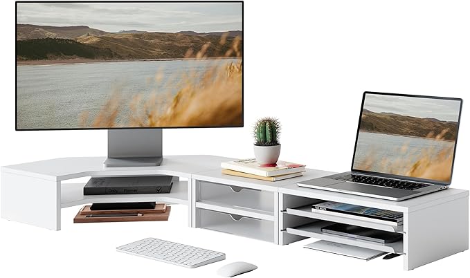 Fenge Dual Monitor Stand with Storage, Corner Desk Shelf for Top of Desk | Wooden Monitor Riser with Drawer and Slide-Out Tray, 2 Tier Storage, for Home Office, Computer, Laptop, Printer
