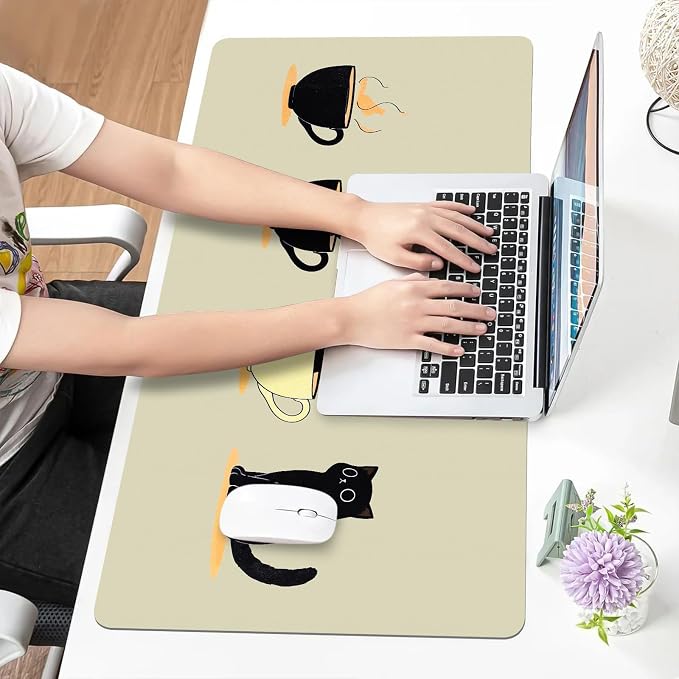 Bloss Leather Mouse Pad,Beige Anime Large Desk Pad, Cute Kawaii Cartoon Cat Desk Mats for Keyboard and Mouse,Clearance Overstock Limited Stock Discontinued Size 31.5" x 15.7"