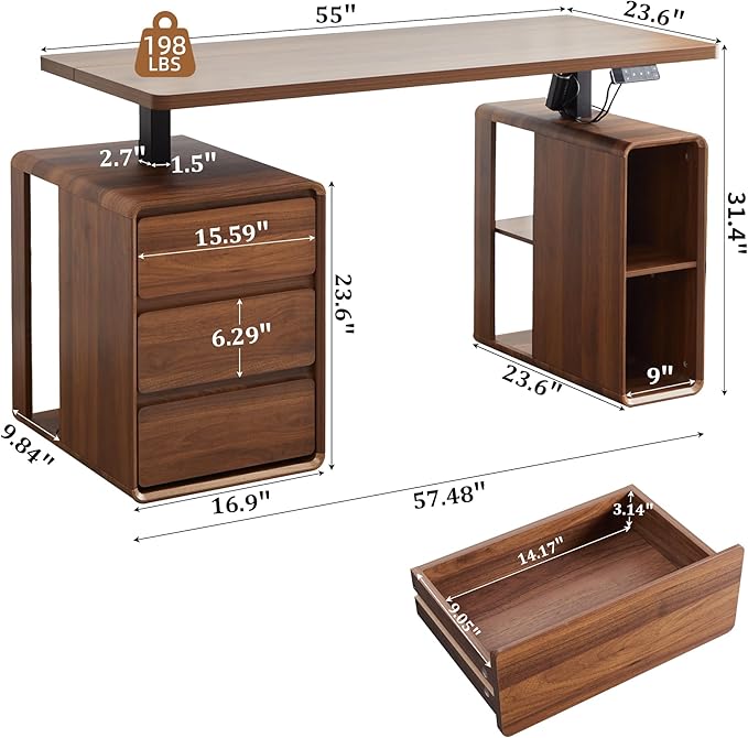 Farmhouse Electric Standing Desk, 55" Height Adjustable Computer Desk | Electric Stand up Desk with 3 Drawers & Storage Shelf, Mid Century Home Office Desk Wood Sit Stand Desk for Work Study,Walnut