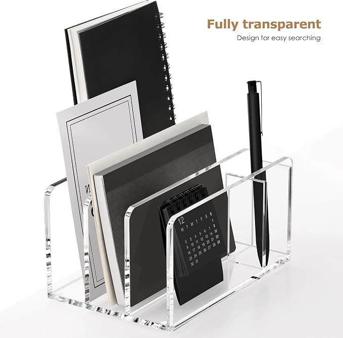 SANRUI Acrylic Mail Organizer, 3 Compartments Clear File Holder for Desk, Letter Sorter with Pen Holder, Countertop Document Sorter for Notebooks, Bills & Eyeshadow Palettes