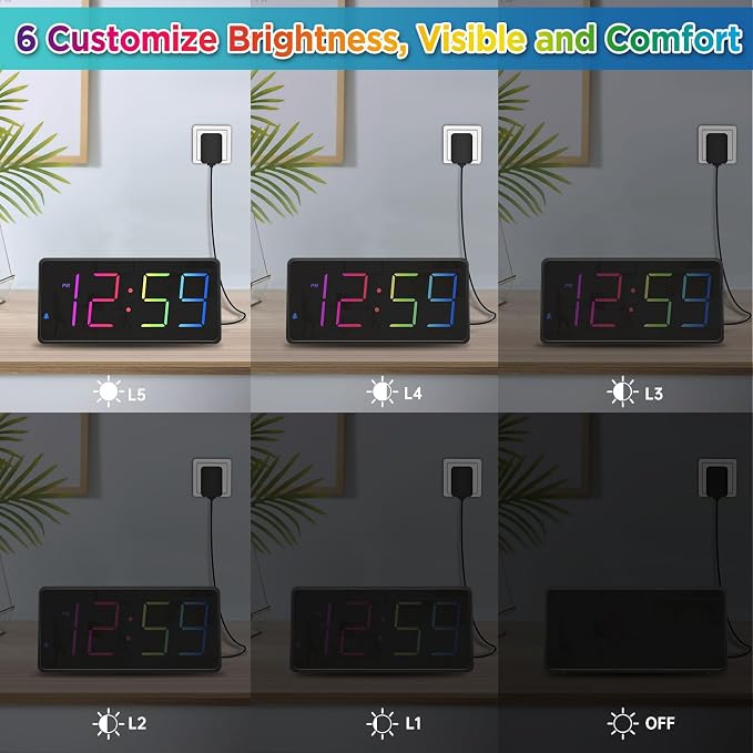 Peakeep Digital Alarm Clock for Bedroom Bedside, Loud for Heavy Sleepers | Large Big Color Changing Colorful LED Numbers for Seniors 6 Brightness, Battery Backup Plug in Electric Clock, USB Charger