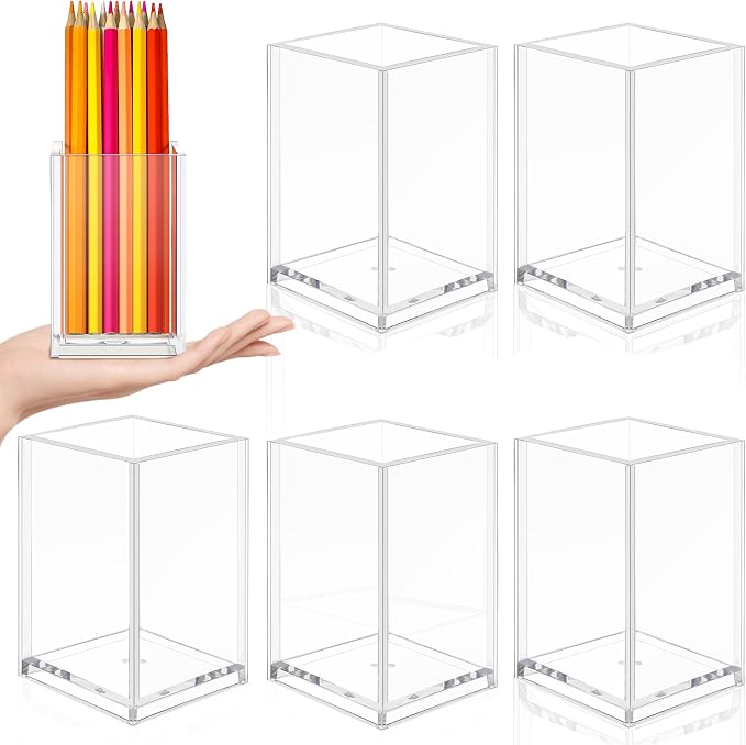 6 Pieces Clear Acrylic Pen Holder Makeup Brush Holder Desktop Holder Desk Goth Accessories Square Stationery Organizer, Transparent Pencil Holder Acrylic for Home Office School