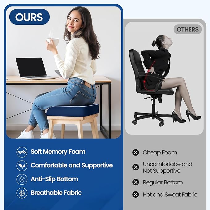 SweetSlubr Seat Cushion for Tailbone Pain Relief, Office Chair Cushion, Memory Foam Large Chair Cushion with Non-Slip Cover for Soft Support at Office Chair, Car Seat, Airplane Dark Blue/Large